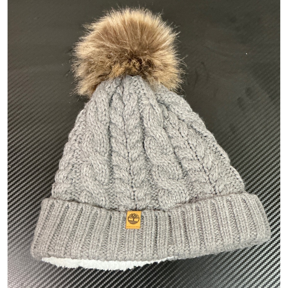Timberland Womens Gray Cable Knit Sherpa Lined Beanie Gorpcore Cottagecore